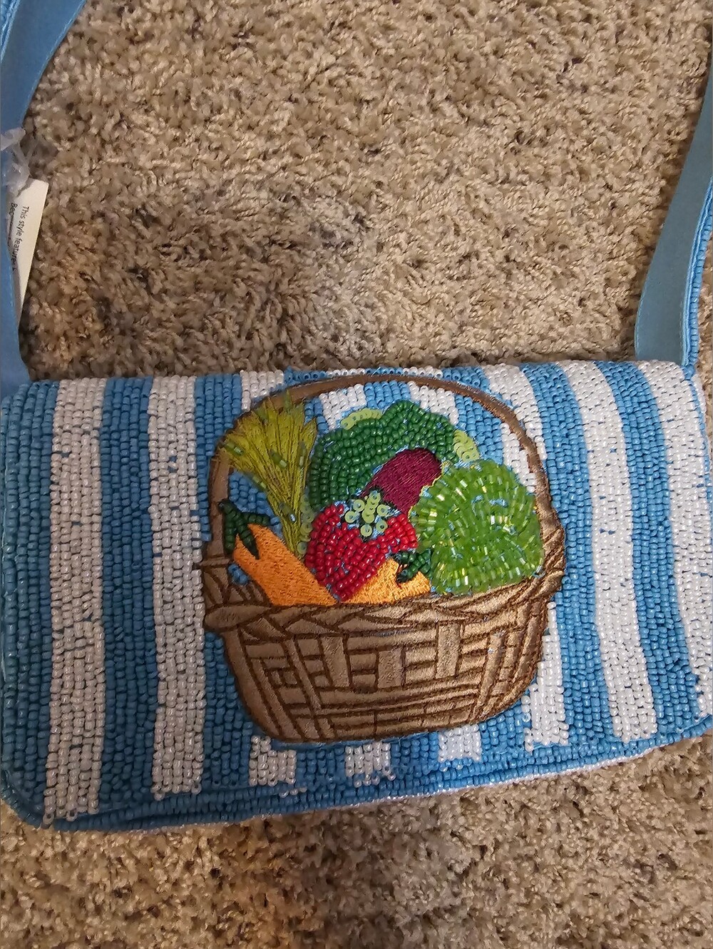 Beaded Veggie Basket Bag Nwt Handcrafted In India Blue Striped